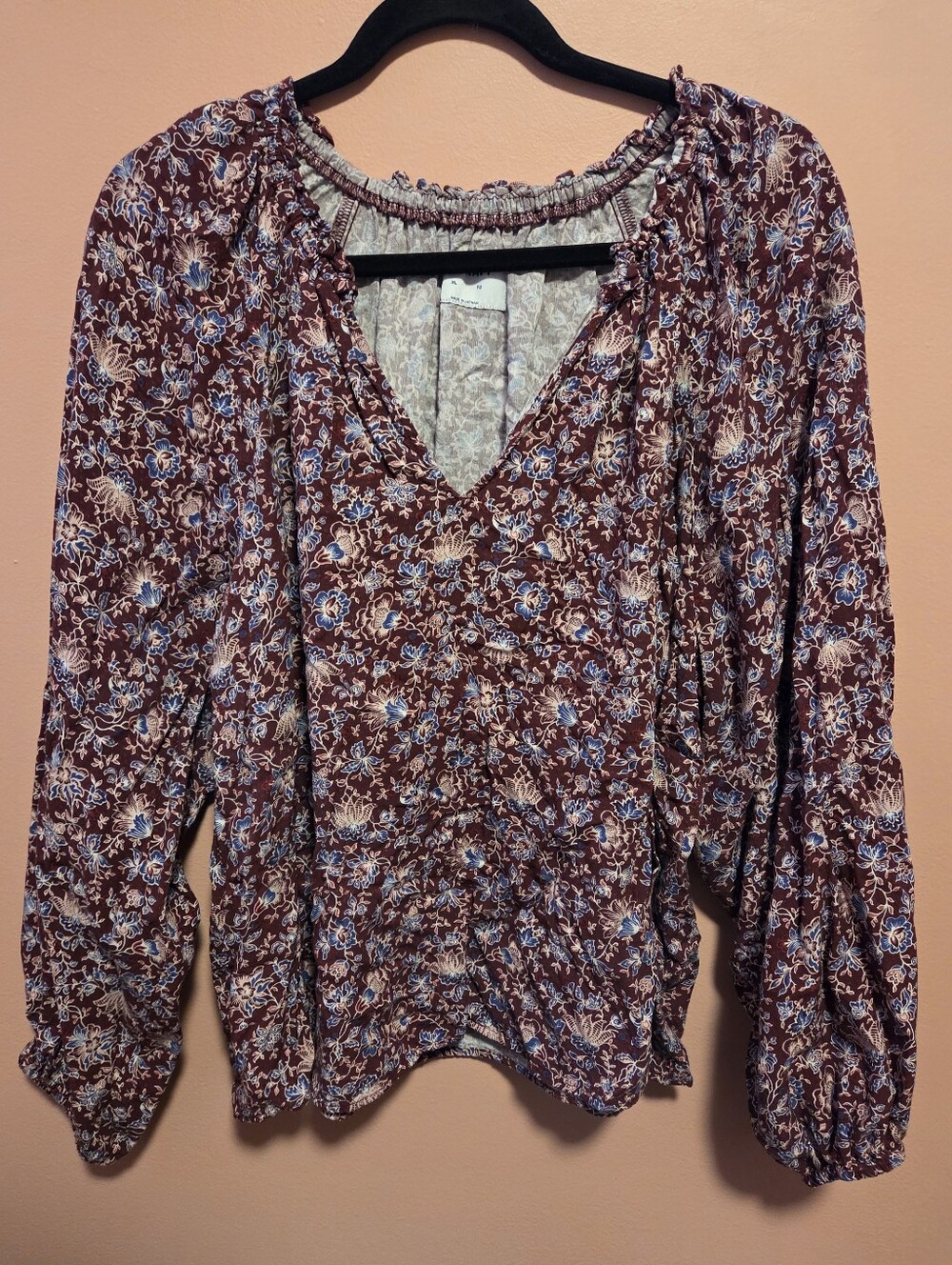 Floral V-Neck Long Sleeve Top - Burgundy